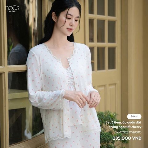  Set 3 item, áo quần dài trắng họa tiết cherry 
