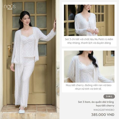  Set 3 item, áo quần dài trắng họa tiết cherry 