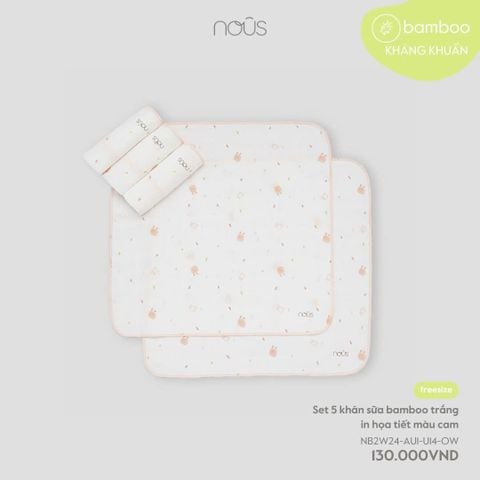  Set 5 khăn sữa bamboo trắng in họa tiết màu cam 