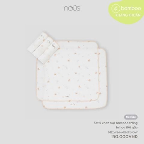  Set 5 khăn sữa bamboo trắng in họa tiết gấu 