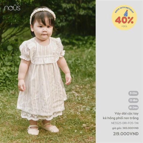  Váy dài cộc tay kẻ hồng phối ren trắng 