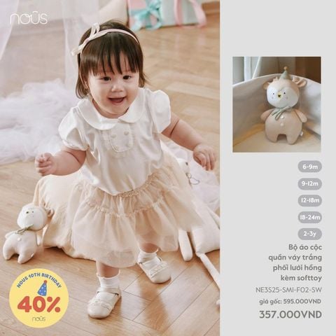  Bộ áo cộc quần váy trắng phối lưới hồng kèm softtoy 