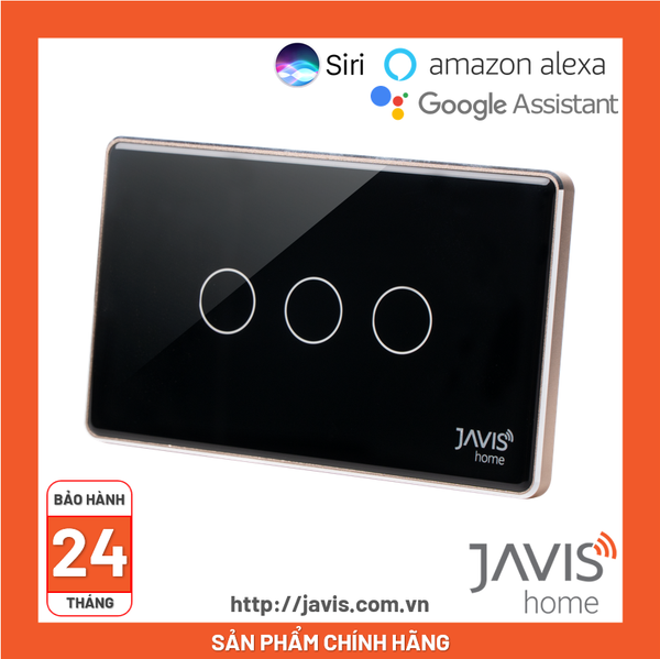 Công tắc Zigbee JAVIS 3 nút chữ nhật đen viền vàng