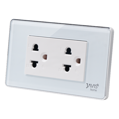 Ổ cắm âm tường JAVIS mặt kính chữ nhật trắng viền bạc