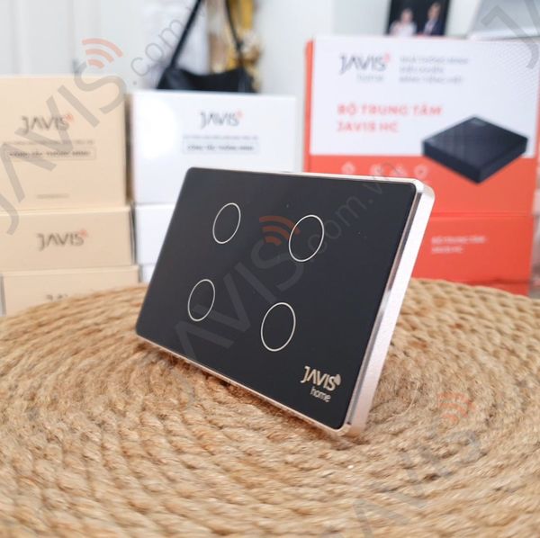 Công tắc Wifi JAVIS 4 nút chữ nhật đen viền vàng
