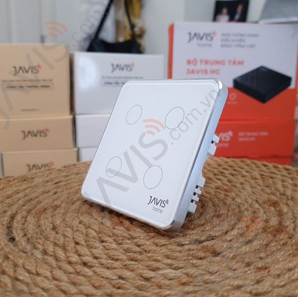 Công tắc Wifi JAVIS 4 nút vuông trắng viền bạc