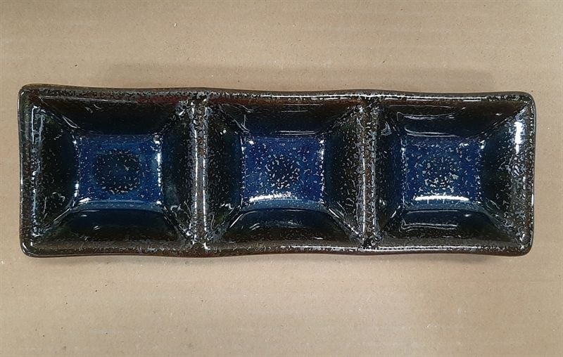  Saphir - 3-compartment Sauce Dish 19.6 x 6.6 x 2.7cm - Dĩa chấm 3 ngăn 19.6 x 6.6 x 2.7cm xanh viền nâu kim sa (Sparkling collection) 
