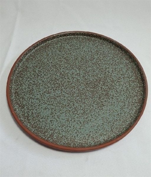  Terracotta - Round Flat Plate 30cm - Dĩa tròn vành đứng 30cm tử sa phun xanh rêu 