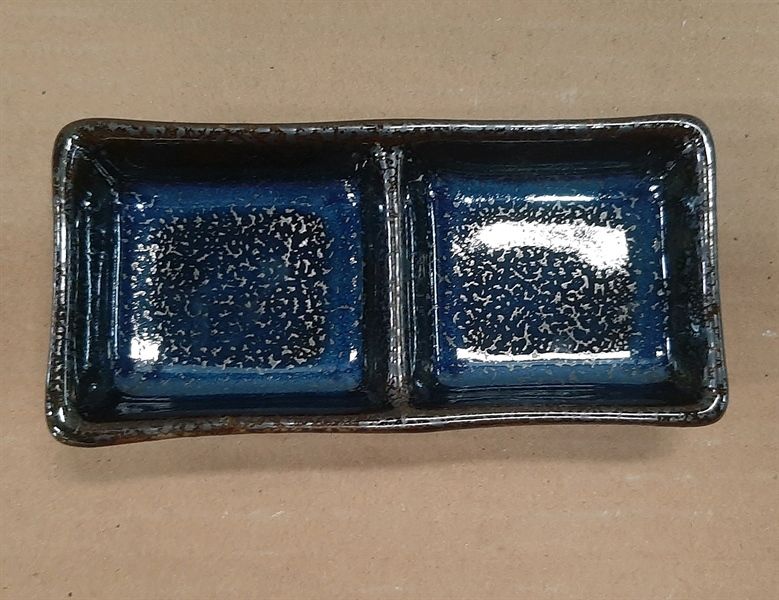  Saphir - 2-compartment Sauce Dish 12 x 6cm - Dĩa 2 ngăn nhỏ 12 x 6cm xanh viền nâu kim sa (Sparkling collection) 