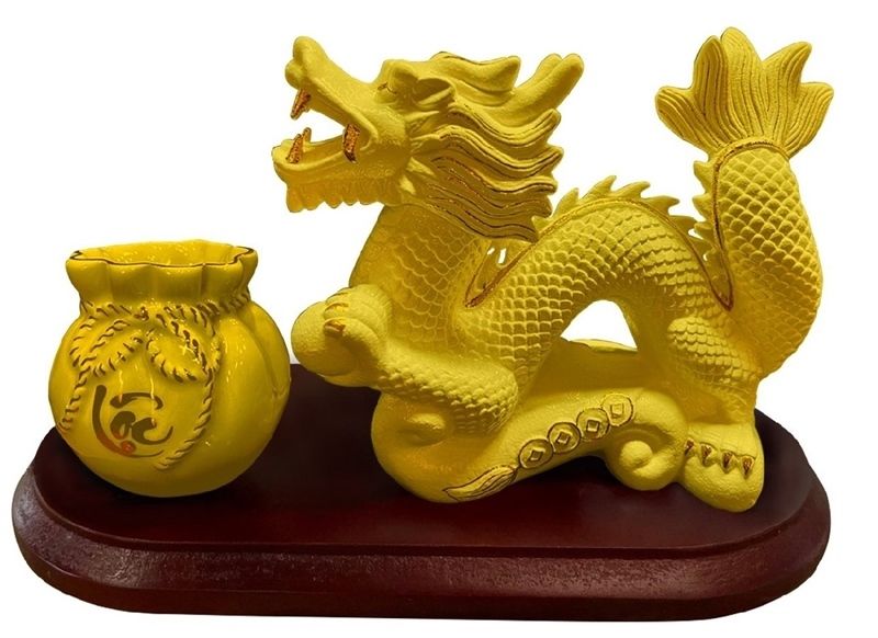  Décor - Tượng "Long Vương Như Ý" 25 x 18cm màu vàng bắt chỉ vàng 
