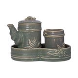  Chlorite - Soy Sauce Pot w/ Lid 10cm - Bình tương lóng tre có nắp 10cm xanh lá đậm trổ (matte) (Bamboo collection) 