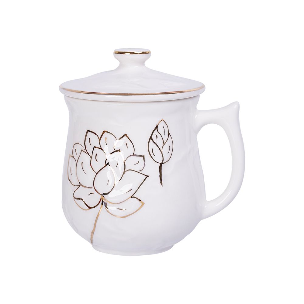  Cup - Ca sen nổi có nắp 400ml trắng bắt chỉ vàng 