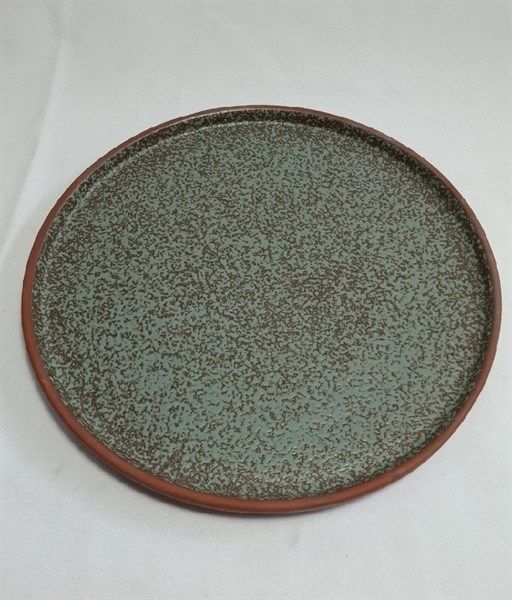  Terracotta - Round Flat Plate 22cm - Dĩa tròn vành đứng 22cm tử sa phun xanh rêu 