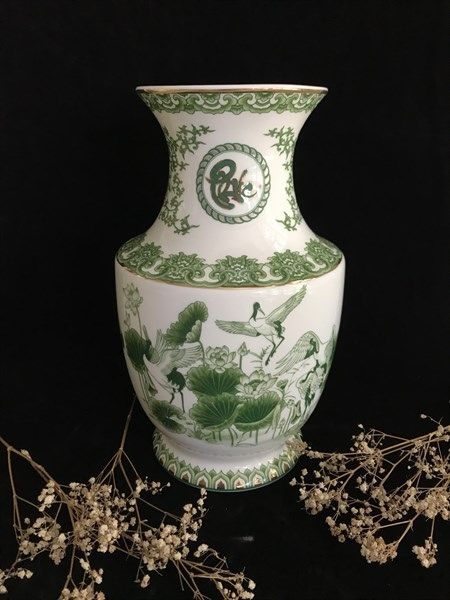  Vase 31cm - Bình hoa Việt 31cm "Phúc Hạc Liên Hoa" xanh lá 