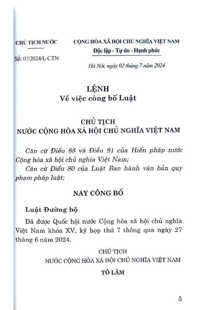 Luật Đường Bộ Năm 2024 - Quốc hội