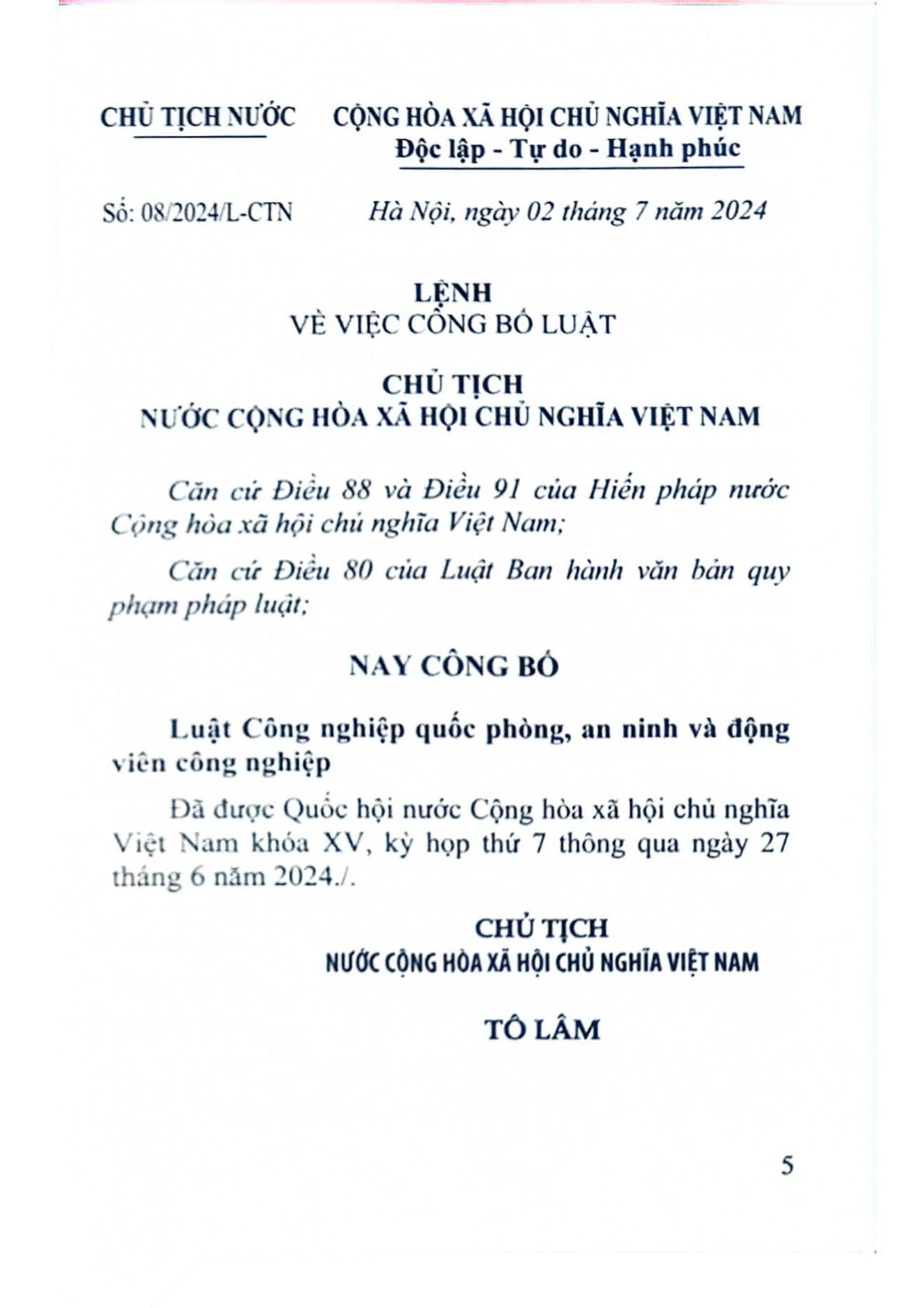 Luật Công Nghiệp Quốc Phòng, An Ninh Và Động Viên Công Nghiệp Năm 2024 - Quốc hội