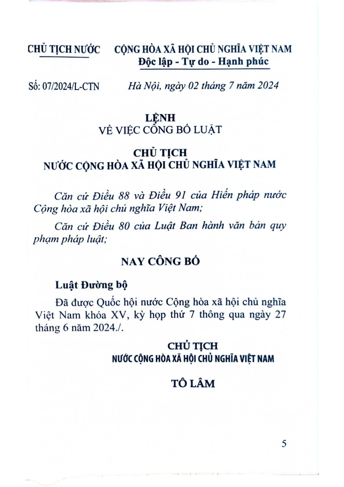 Luật Đường Bộ Năm 2024 (Lao Động) - Quốc hội