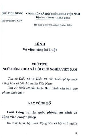  Luật Công Nghiệp Quốc Phòng, An Ninh Và Động Viên Công Nghiệp 2024 - Quốc hội (XB 2024) 