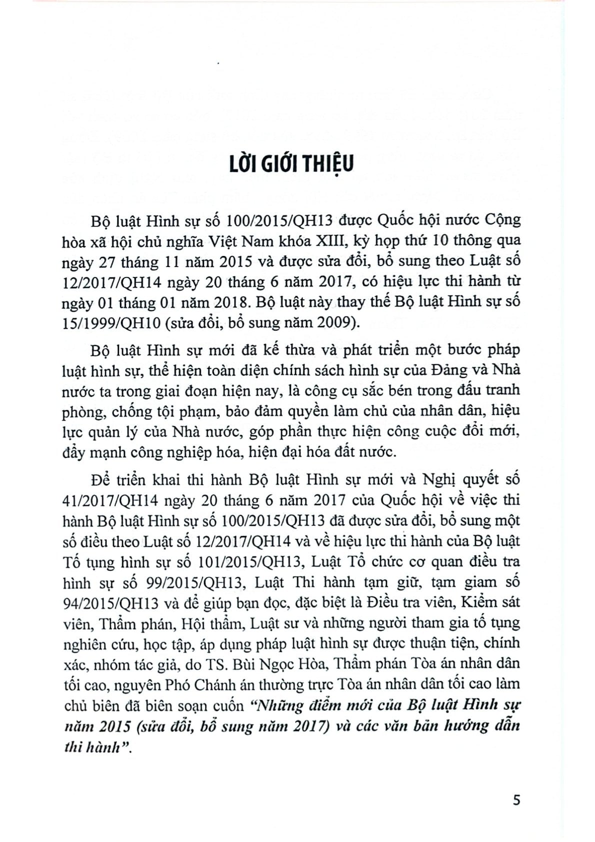 Những Điểm Mới Của Bộ Luật Hình Sự Năm 2015 ( Sđ, Bs Năm 2017) Và Các Văn Bản Hướng Dẫn Thi Hành  - TS. Bùi Ngọc Hòa ( Chủ biên)