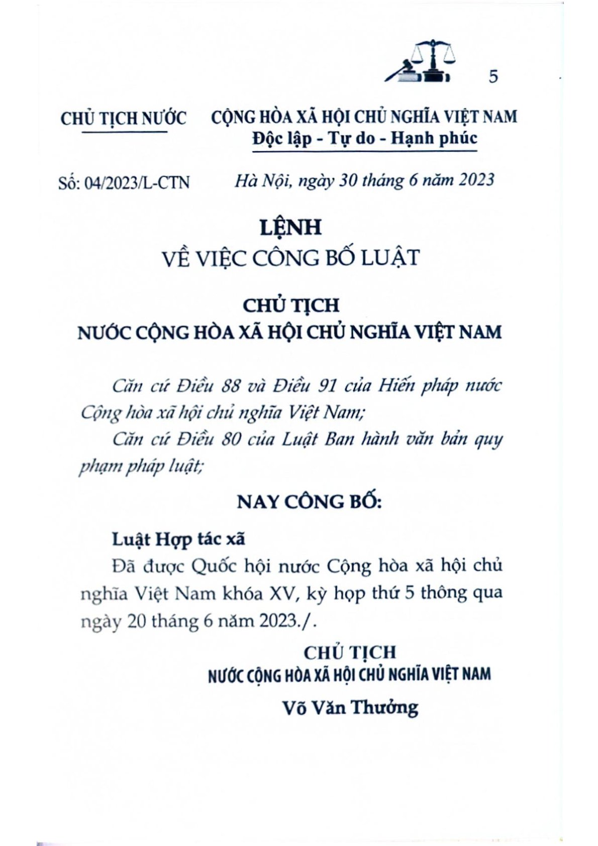 Luật Hợp Tác Xã Năm 2023 - Quốc Hội