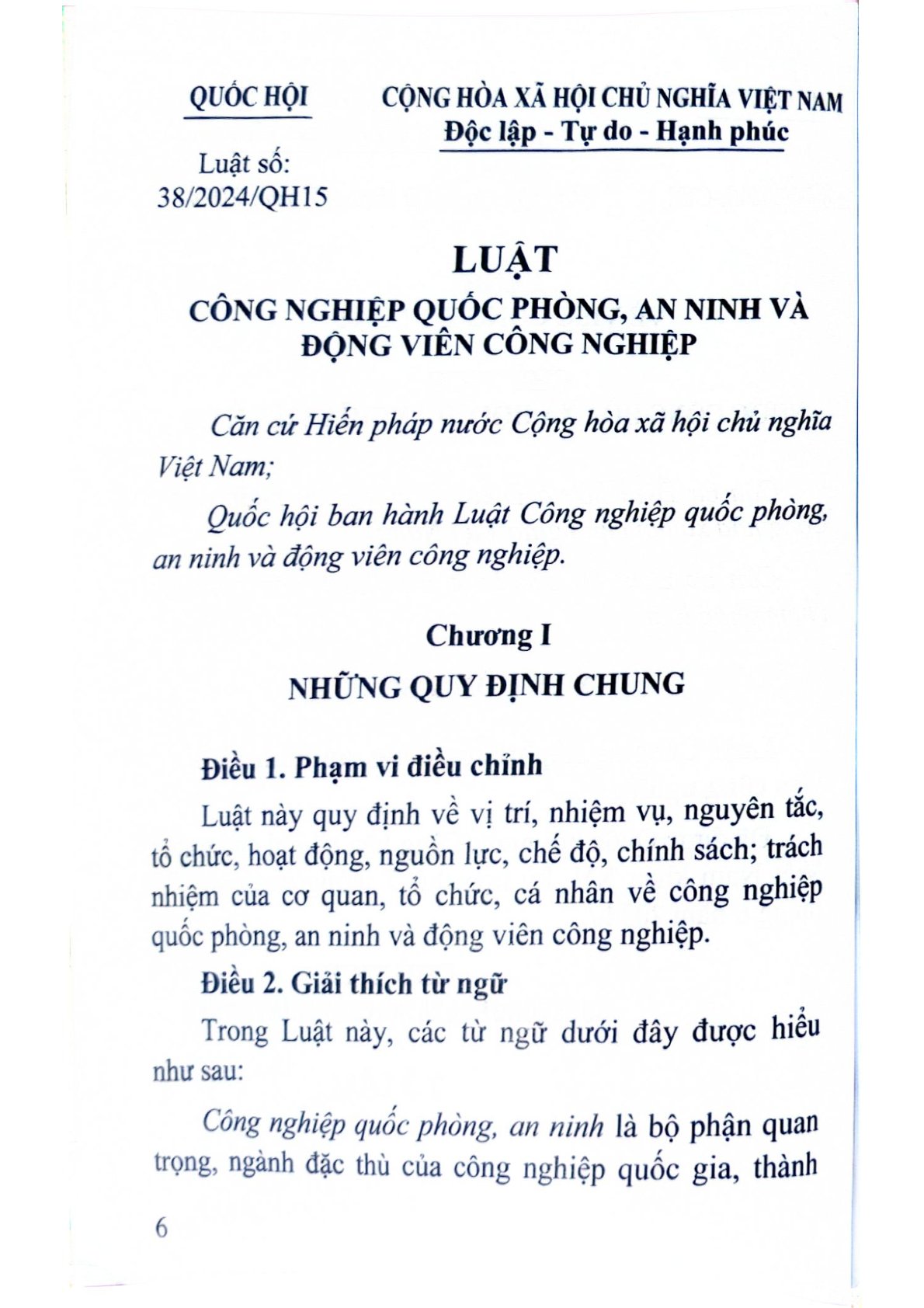 Luật Công Nghiệp Quốc Phòng, An Ninh Và Động Viên Công Nghiệp Năm 2024 - Quốc hội