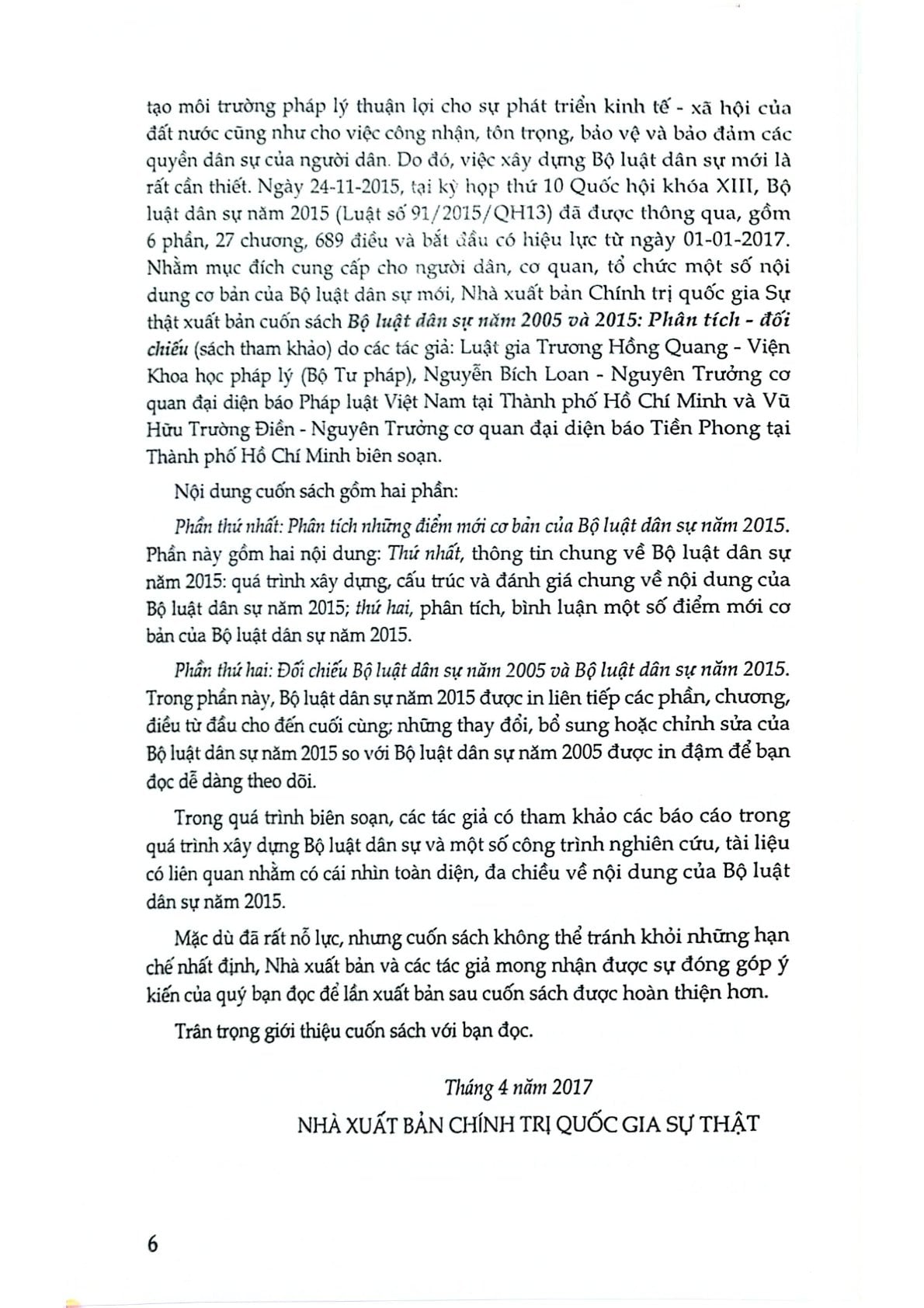 Bộ Luật Dân Sự Năm 2005 Và 2015 Phân Tích – Đối Chiếu - Trương Hồng Quang, Nguyễn Bích Loan (CTQG)