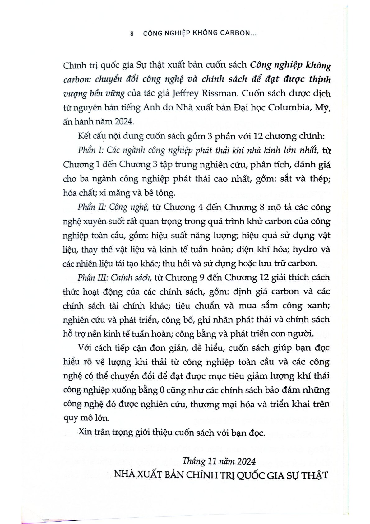 Công Nghiệp Không Carbon: Chuyển Đổi Công Nghệ Và Chính Sách Để Đạt Được Thịnh Vượng Bền Vững - Jeffrey Rissman