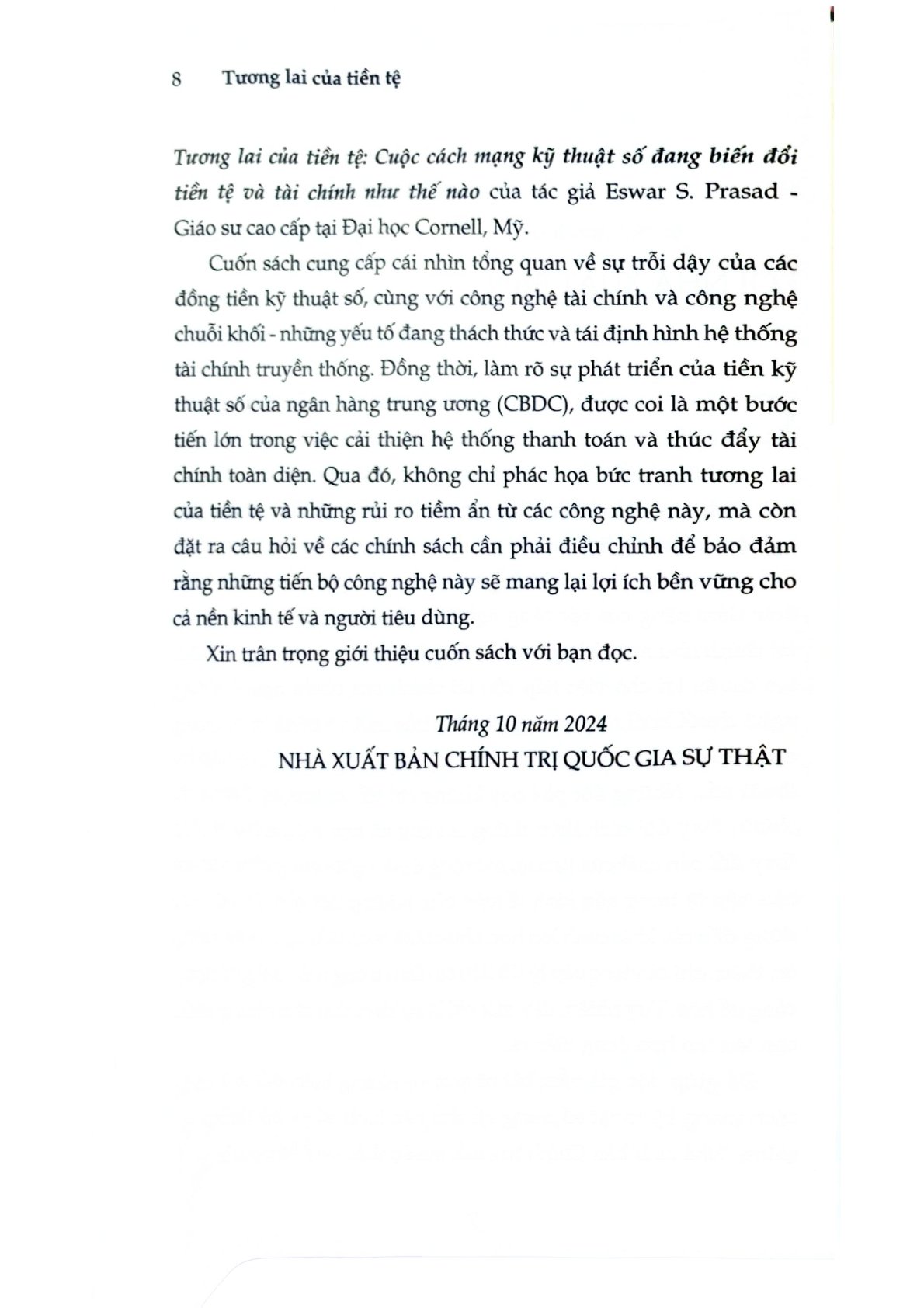 Tương Lai Của Tiền Tệ - Cuộc Cách Mạng Kỹ Thuật Số Đang Biến Đổi Tiền Tệ Và Tài Chính Như Thế Nào - Eswar S. Prasad (CTQG)