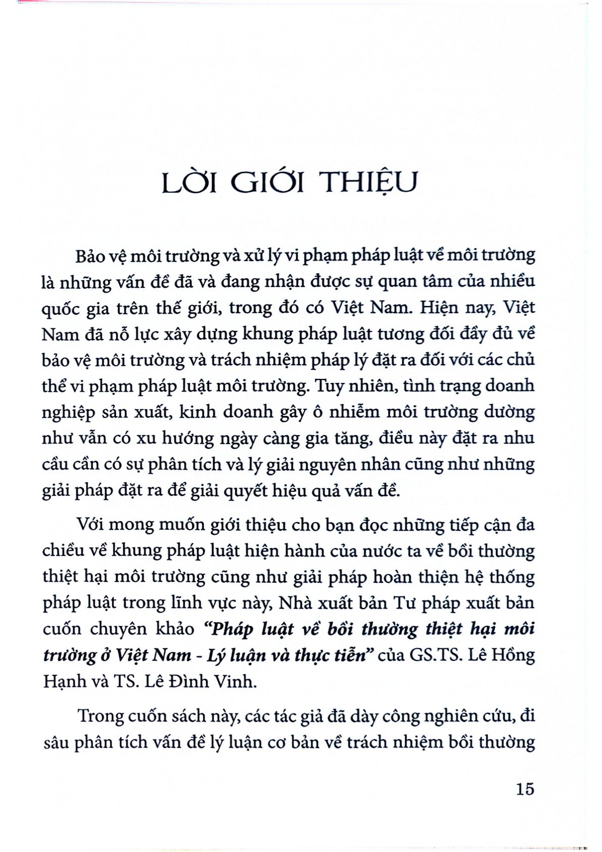 Pháp Luật Về Bồi Thường Thiệt Hại Môi Trường Ở Việt Nam - Lý Luận Và Thực Tiễn  - GS.TS. Lê hồng Hạnh - TS. Lê Đình Vinh