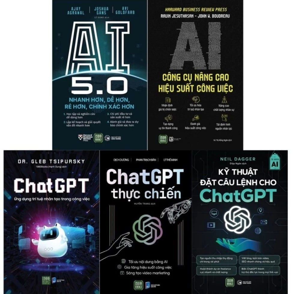  Combo 5 Quyển: ChatGPT + ChatGPT thực chiến + AI Công Cụ Nâng Cao Hiệu Suất + AI 5.0 + Kỹ Thuật Đặt Câu Lệnh Cho Chat GPT 