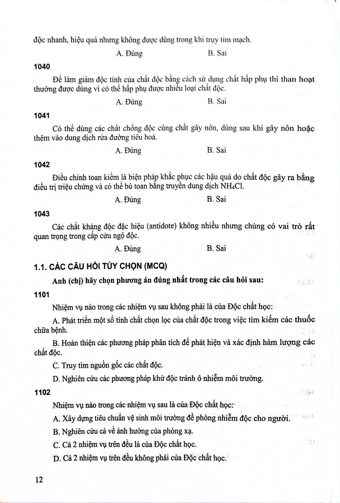 Câu Hỏi Trắc Nghiệm Độc Chất (Tài Liệu Đào Tạo Dược Sĩ Đại Học) - ĐH Dược Hà Nội, GS.TS Thái Nguyễn Hùng Thu