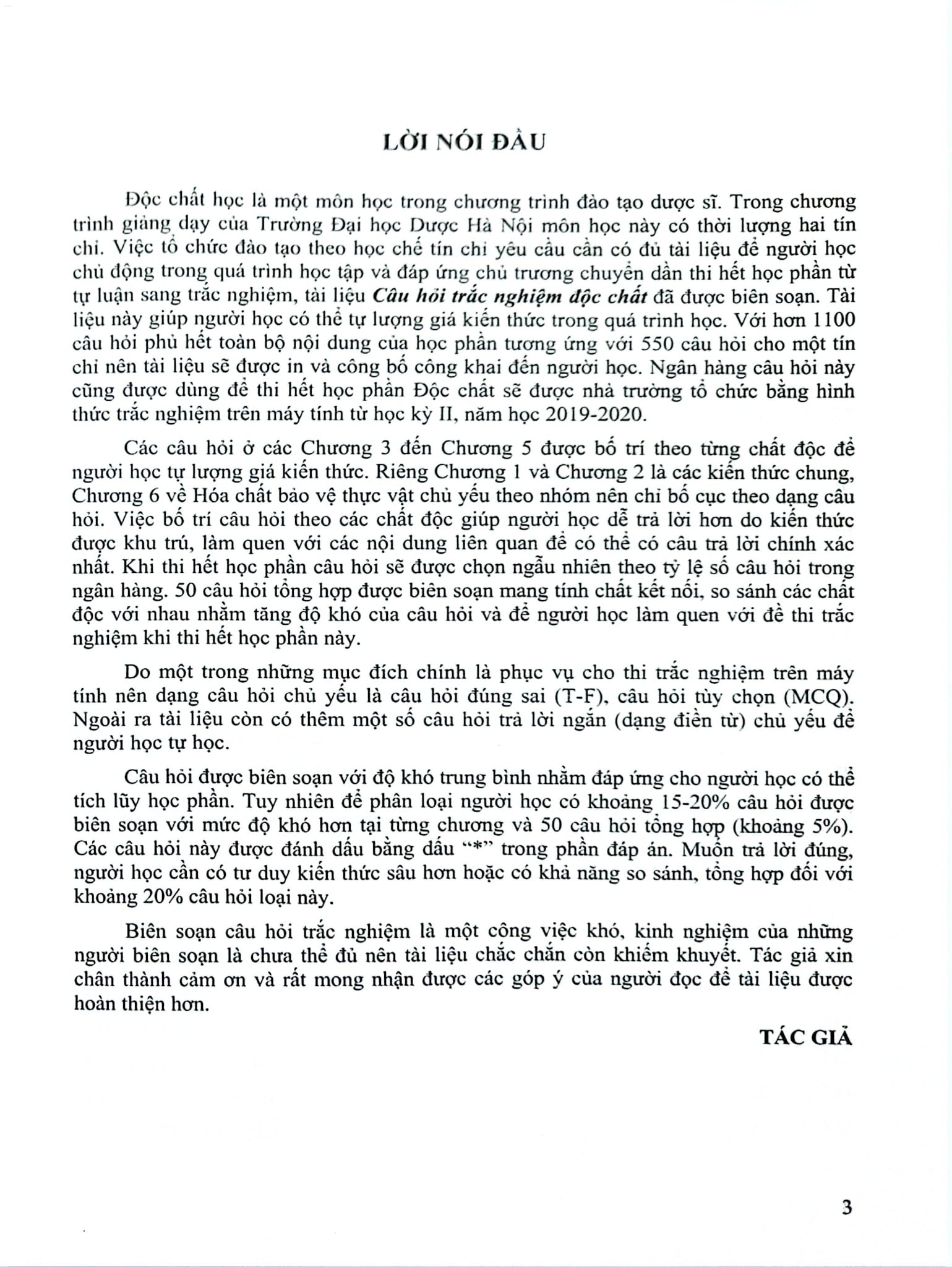 Câu Hỏi Trắc Nghiệm Độc Chất (Tài Liệu Đào Tạo Dược Sĩ Đại Học) - ĐH Dược Hà Nội, GS.TS Thái Nguyễn Hùng Thu