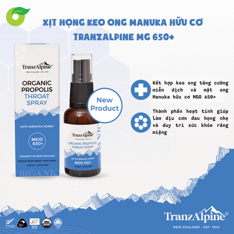  Xịt họng keo ong Manuka hữu cơ TranzAlpine MG 650+ (30ml) 