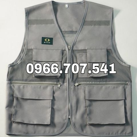 Áo gile bảo hộ kỹ sư màu ghi có khóa túi