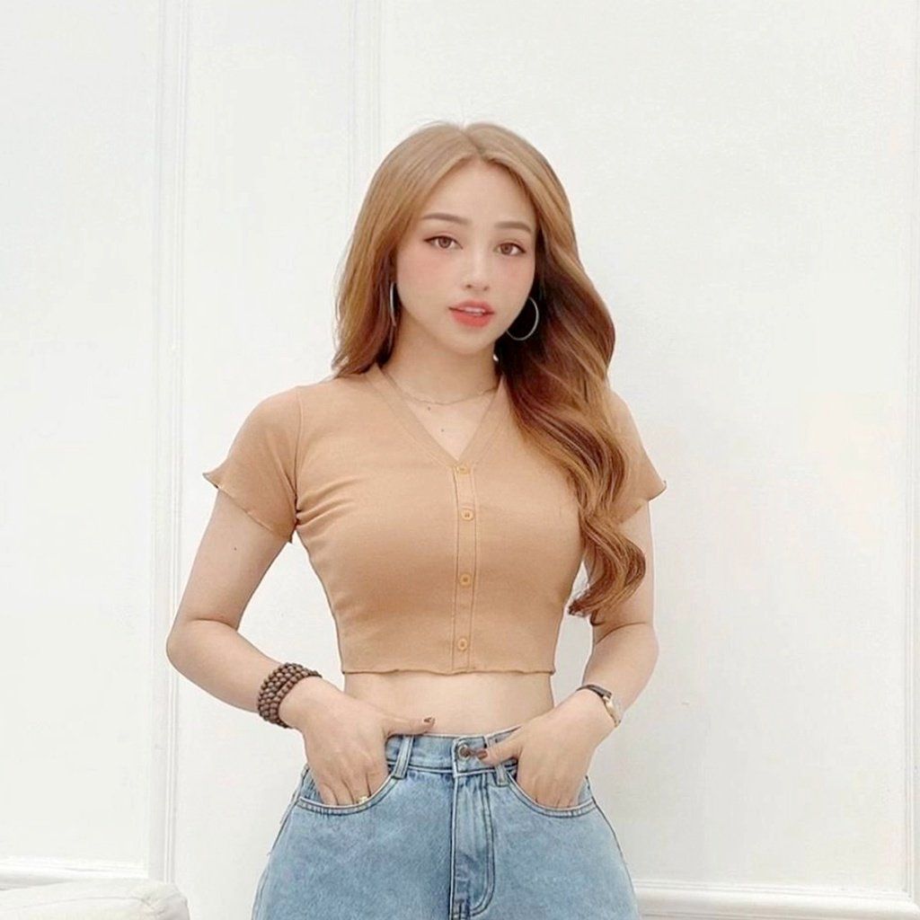  Áo croptop thun tay ngắn cổ tròn nút giữa nhiều màu TiQi Jeans A102 