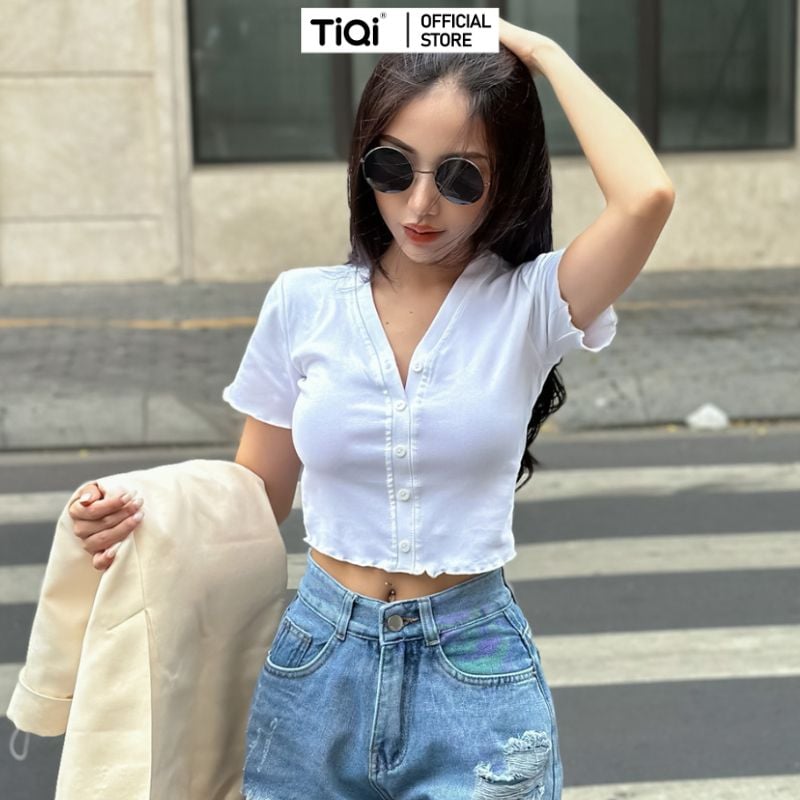  Áo croptop thun tay ngắn cổ tròn nút giữa nhiều màu TiQi Jeans A102 
