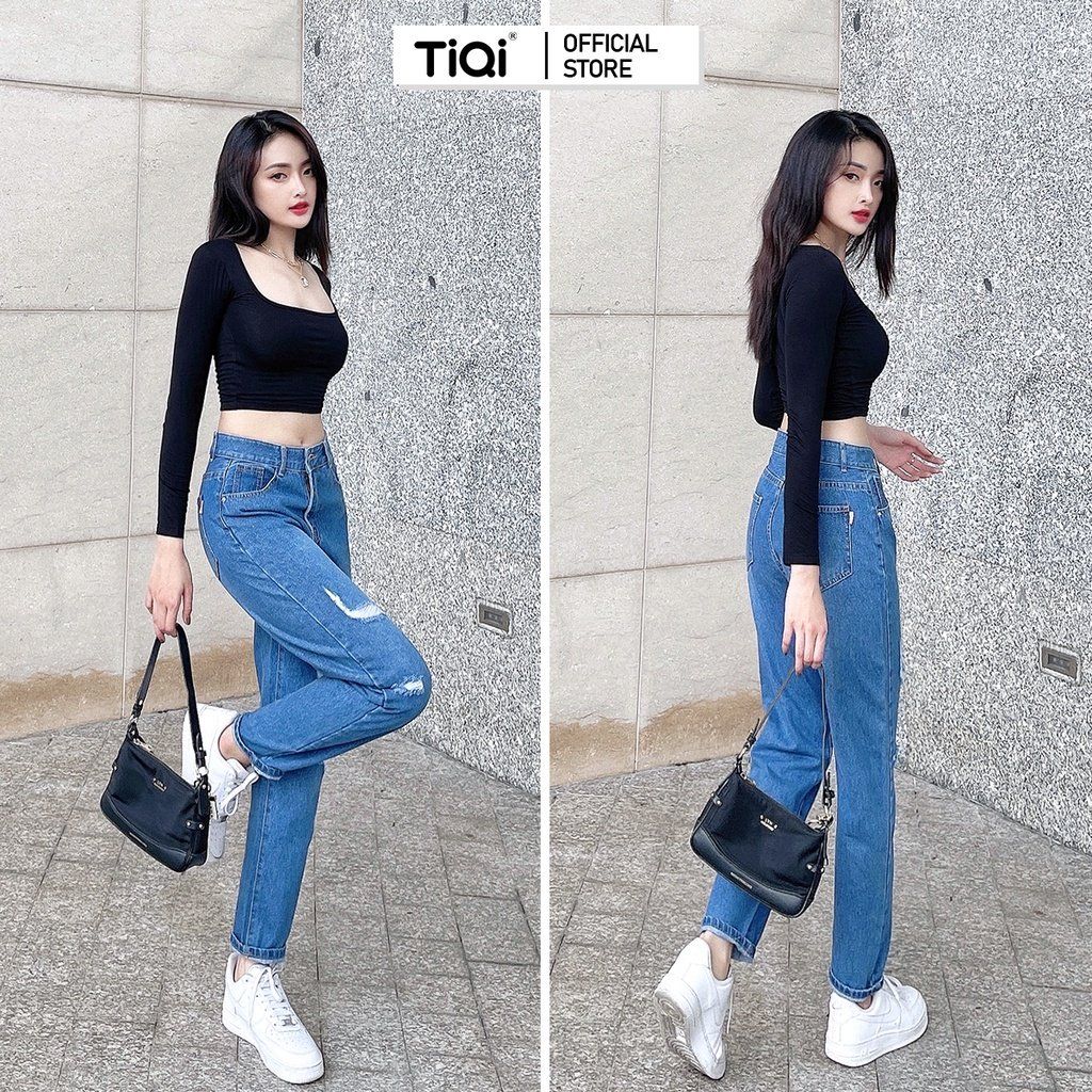  Quần baggy jean nữ rách gối cạp cao phong cách streetstyle Cao Cấp TiQi Jeans B1-221 