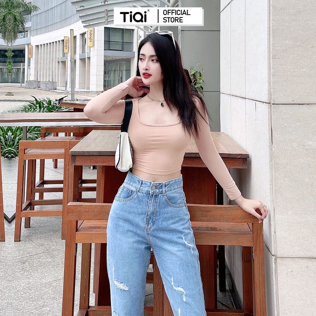  Quần baggy jean nữ rách gối cạp cao phong cách streetstyle Cao Cấp TiQi Jeans B1-221 