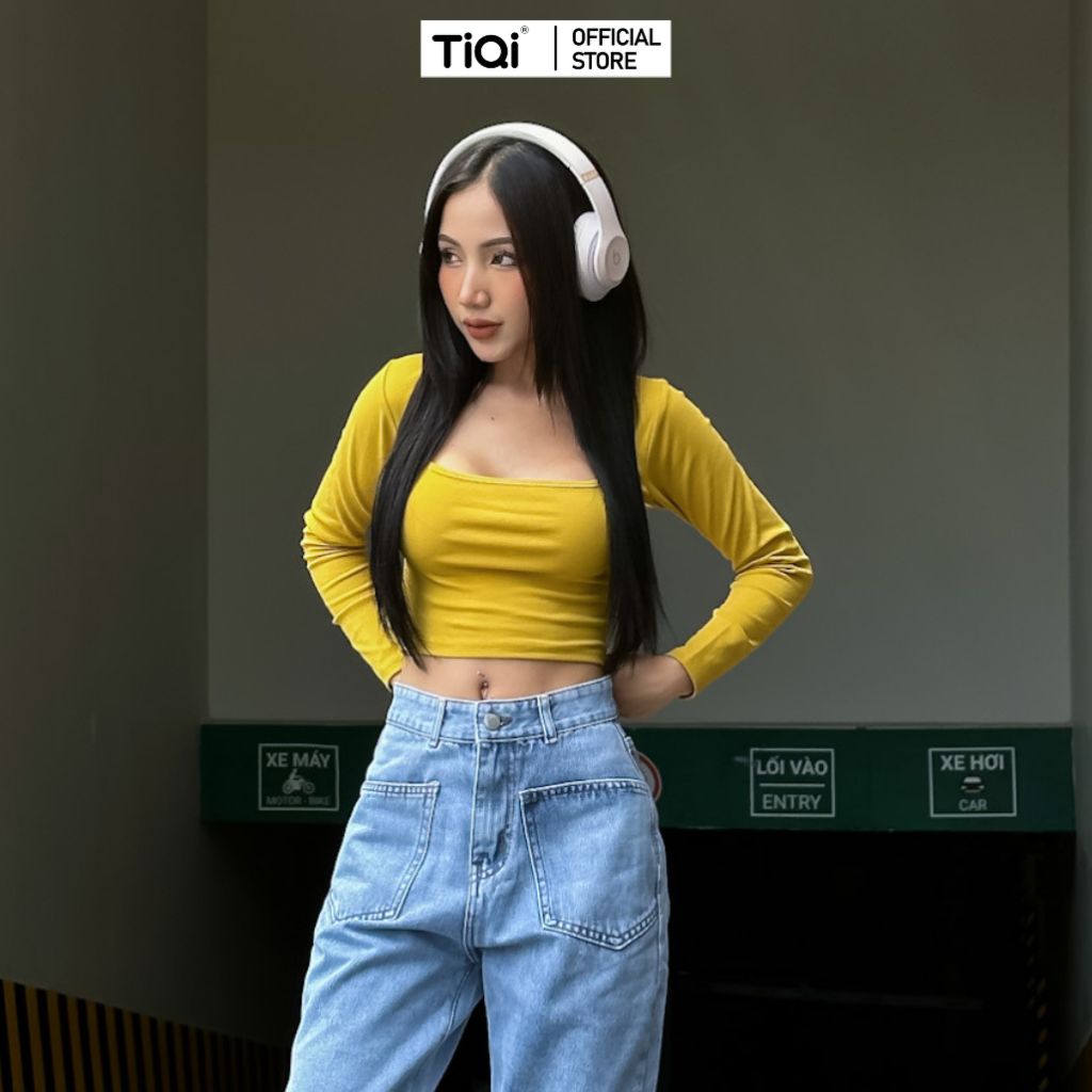  Áo croptop thun cotton tay dài cổ vuông nhiều màu TiQi Jeans A101 