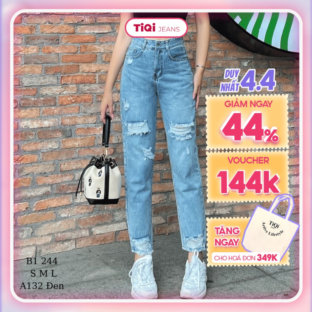  Quần Jean Baggy Nữ Rách Đùi Lưng Cao Tiqi Jeans B1-244 