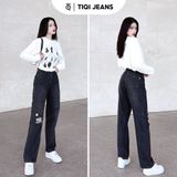  Quần jean ống rộng nữ rách gối lưng cao form suông hack dáng xám đen TiQi Jeans B2-216 