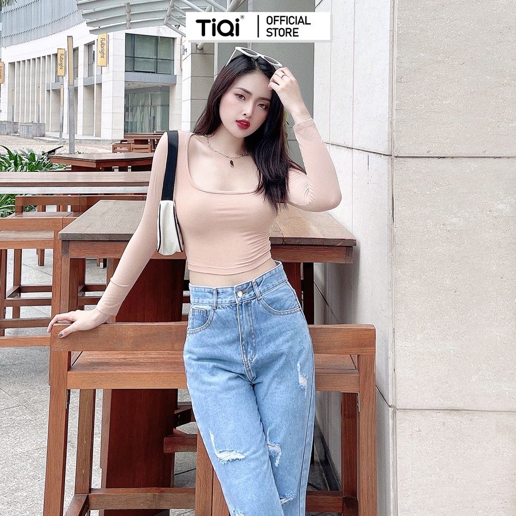  Quần baggy jean nữ rách gối cạp cao phong cách streetstyle Cao Cấp TiQi Jeans B1-221 