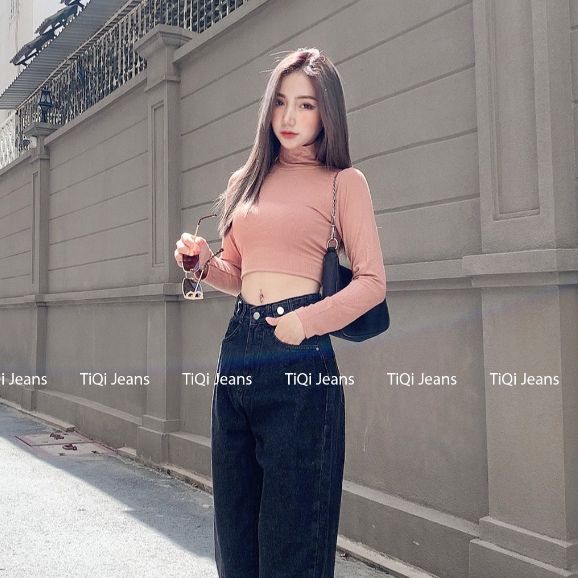  Áo croptop cổ lọ vải thun cotton tay dài trắng đen nude TiQi Jeans A133 