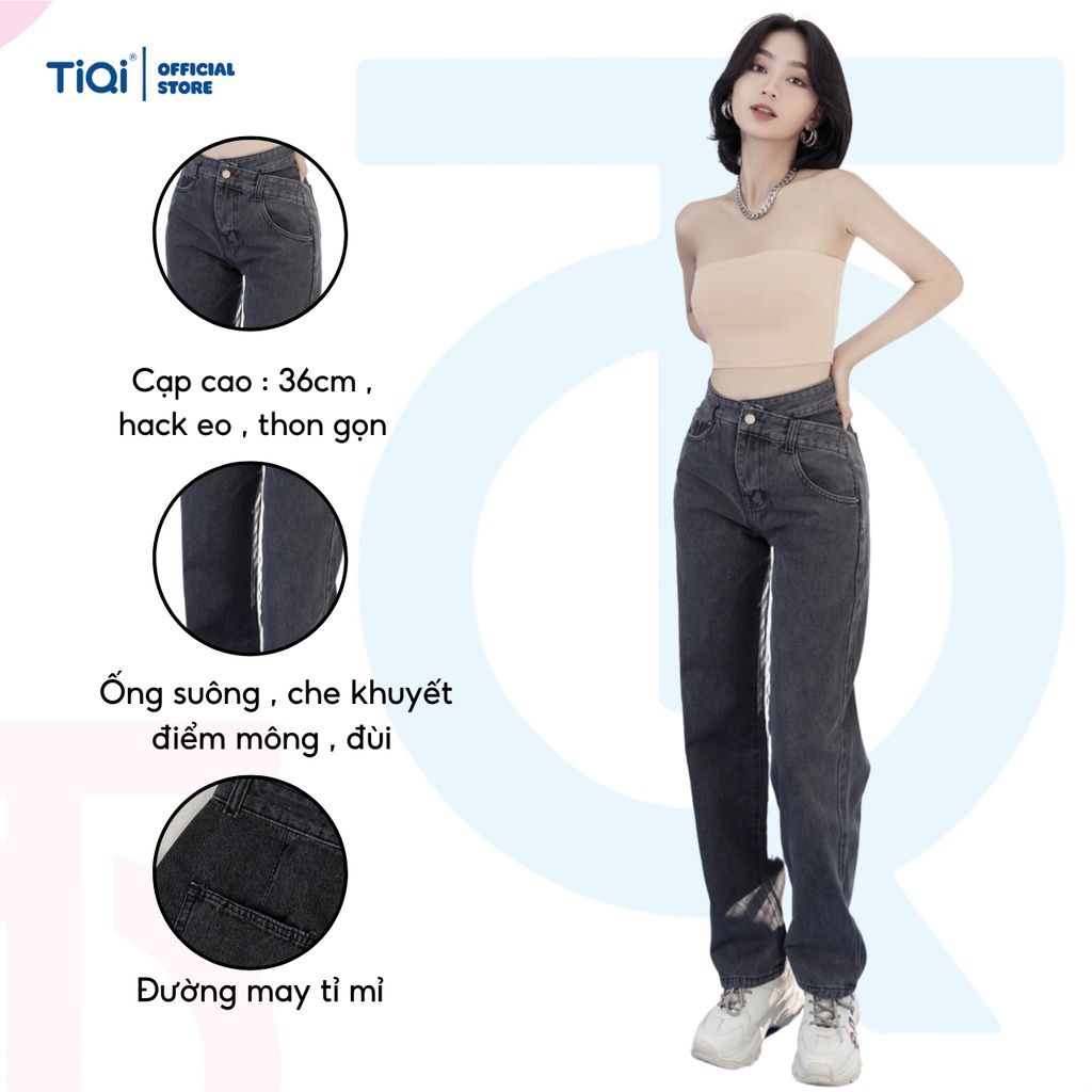  Quần Jean Bò Ống Rộng Nữ Cạp Chéo Lưng Cao Màu Đen Hack Dáng Tiqi Jeans B2-225 