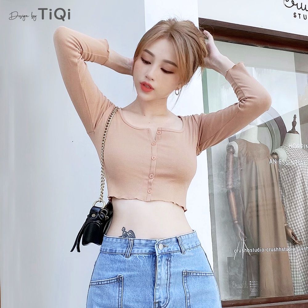  Áo croptop thun tay dài cổ tròn nút giữa nhiều màu TiQi Jeans A103 