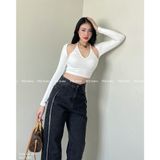  Quần jean ống rộng nữ lưng cao sọc trắng form suông hack dáng xám đen TiQi Jeans B2-229 