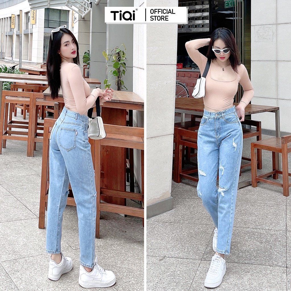  Quần baggy jean nữ rách gối cạp cao phong cách streetstyle Cao Cấp TiQi Jeans B1-221 