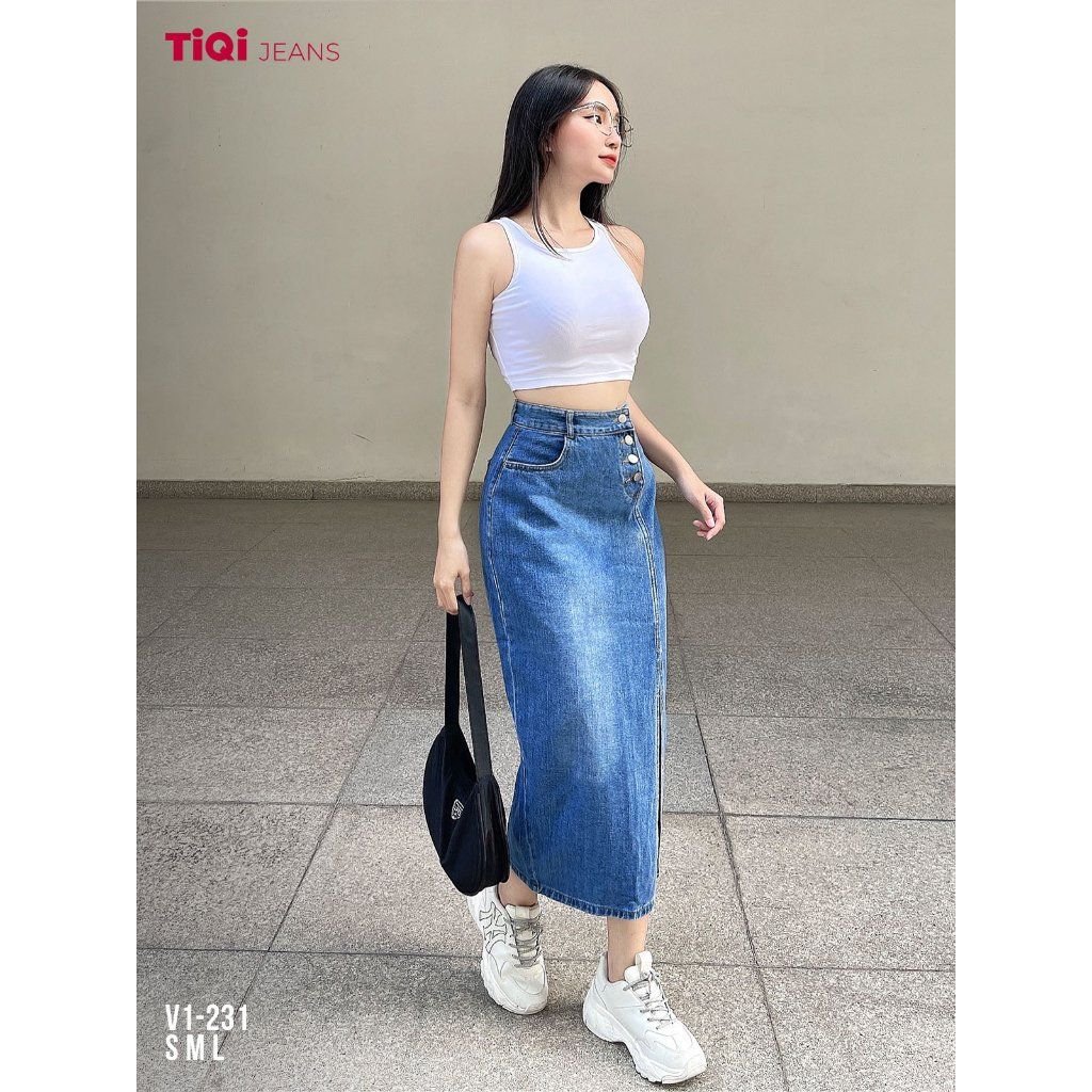  Chân Váy Jean Dáng Dài Xẻ Tà Co Giãn TiQi Jeans V1-231 