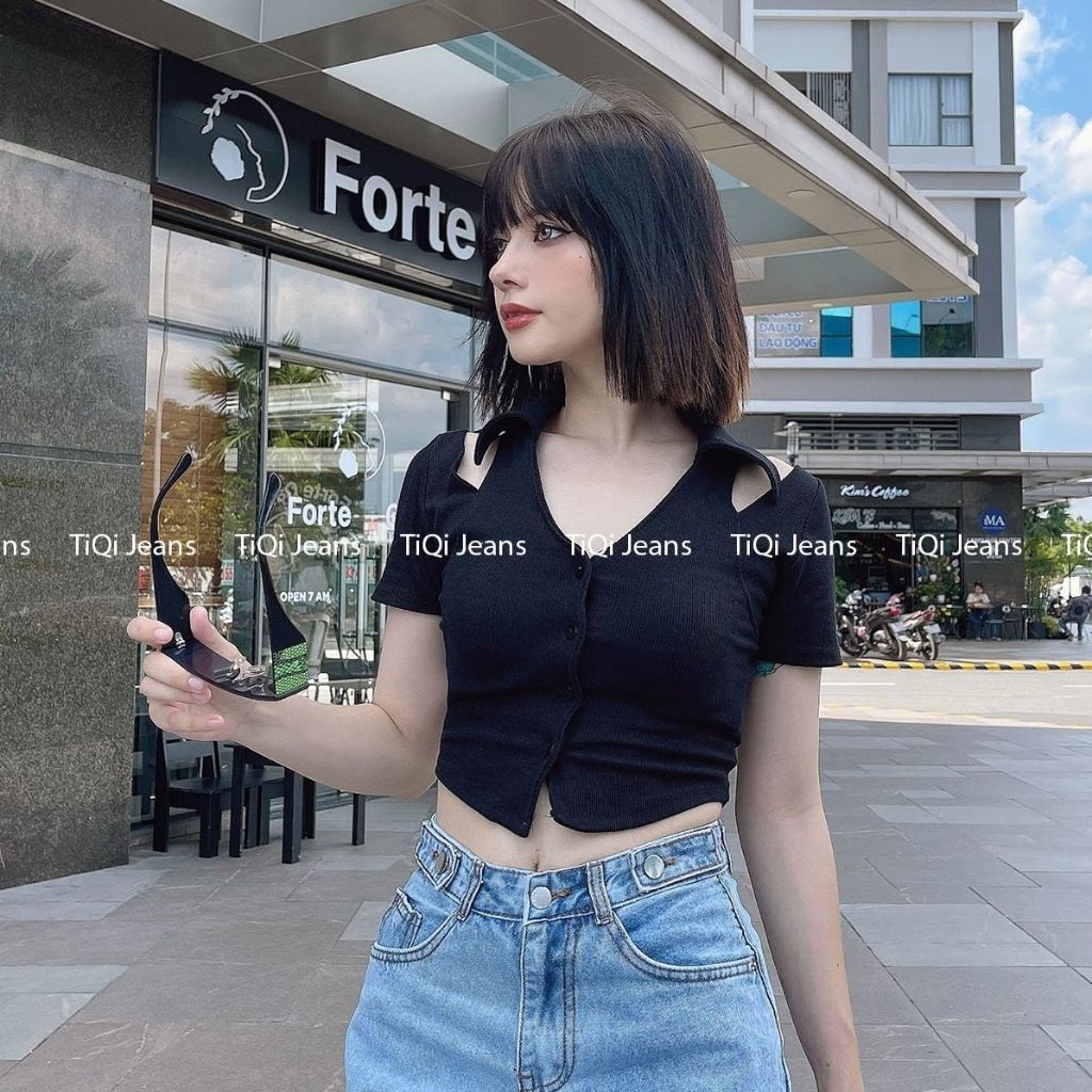  Áo croptop nữ ôm tay ngắn cổ bẻ khoét vai nhiều màu TiQi Jeans A-178 