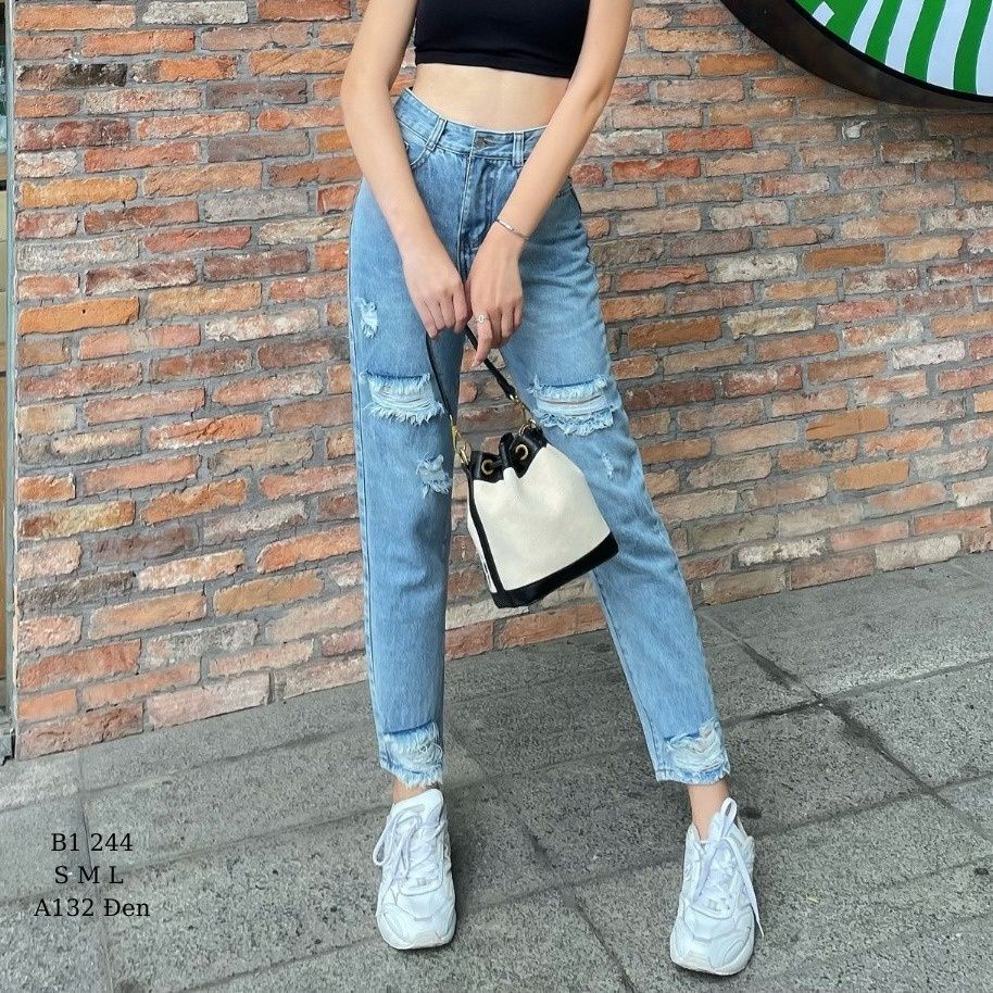  Quần Jean Baggy Nữ Rách Đùi Lưng Cao Tiqi Jeans B1-244 